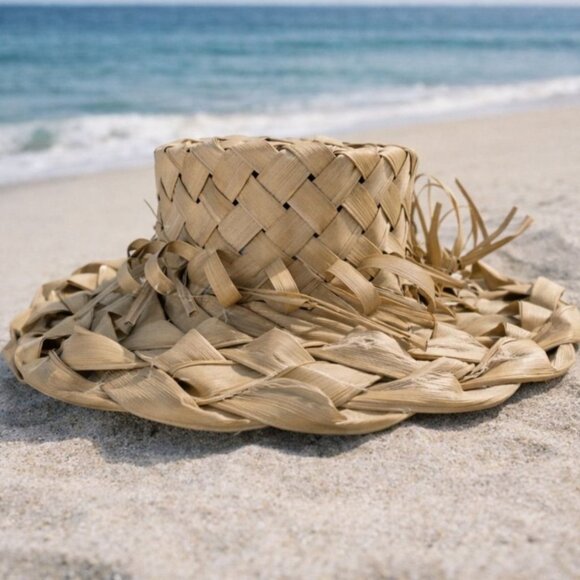 Handwoven Straw Sun Hat Palm Leaf Beach Coastal Market Wide Brim Natural Summer main image 14